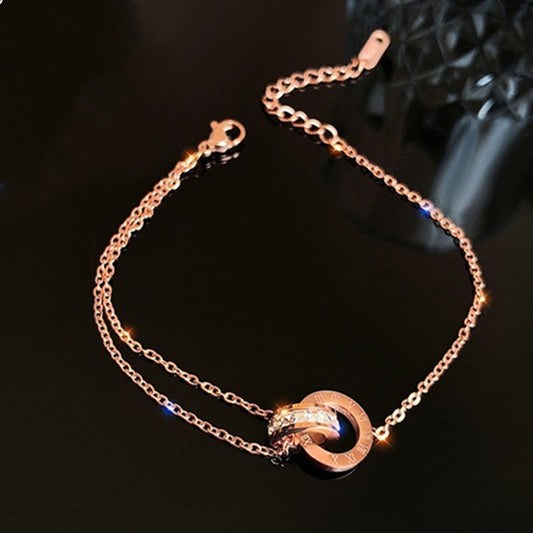 Gelang Double Circle Roman untuk Wanita - Stainless Steel 18k Emas Anti Pudar | Aksesoris Perhiasan Elegan - 我的商店