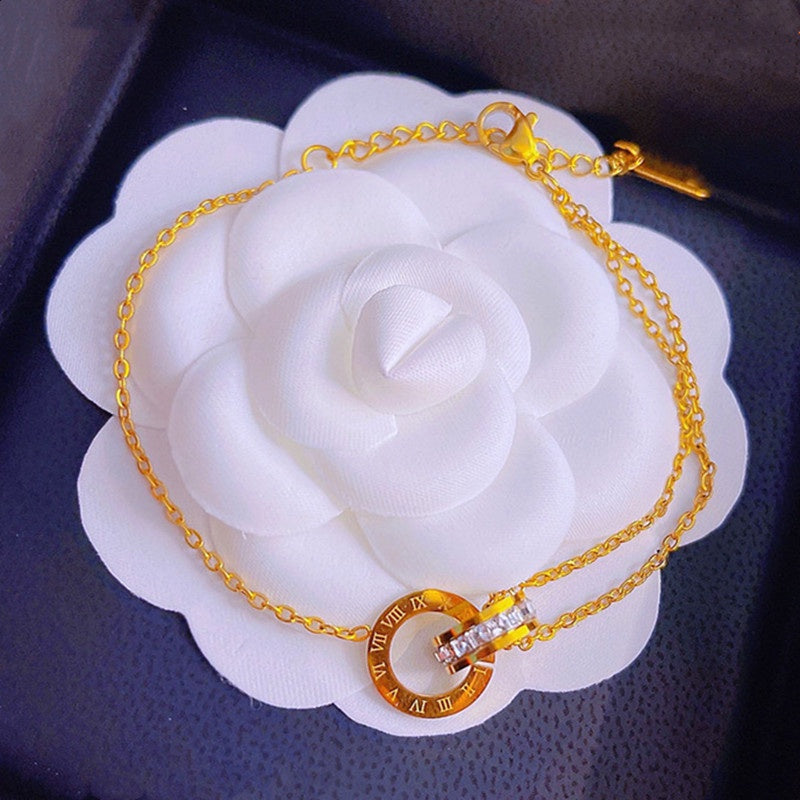 Gelang Double Circle Roman untuk Wanita - Stainless Steel 18k Emas Anti Pudar | Aksesoris Perhiasan Elegan - 我的商店
