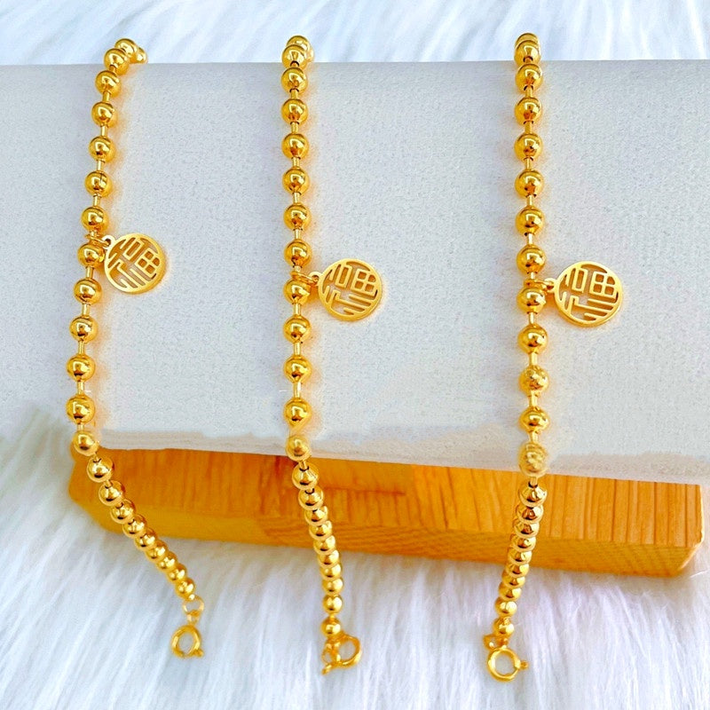 Gelang FU Beads Wanita - Gelang Stainless Steel Emas Vintage Anti Kusam, Aksesoris Pembawa Keberuntungan - 我的商店