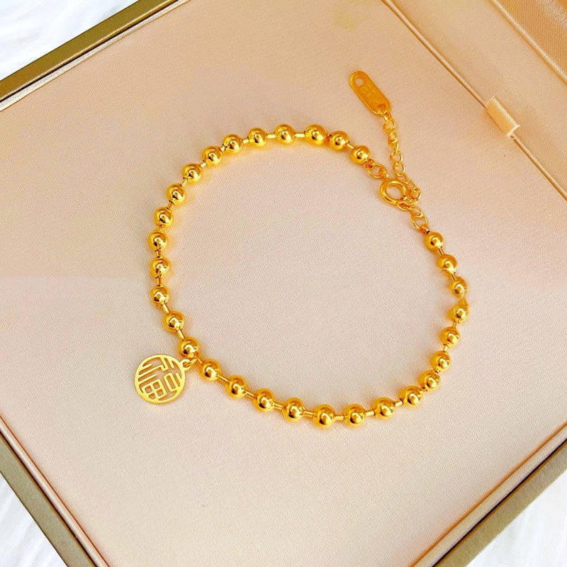 Gelang FU Beads Wanita - Gelang Stainless Steel Emas Vintage Anti Kusam, Aksesoris Pembawa Keberuntungan - 我的商店