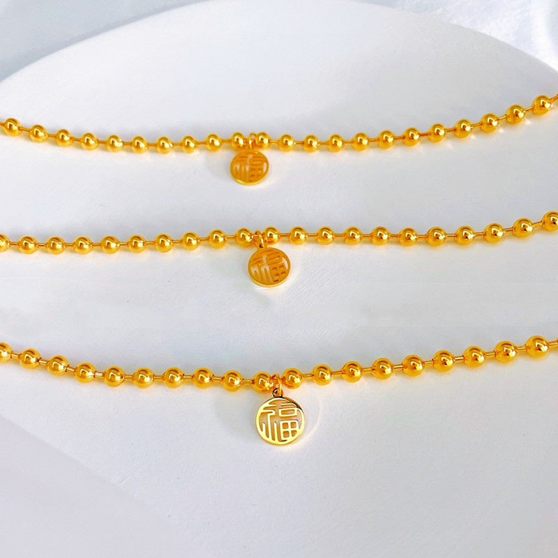 Gelang FU Beads Wanita - Gelang Stainless Steel Emas Vintage Anti Kusam, Aksesoris Pembawa Keberuntungan - 我的商店