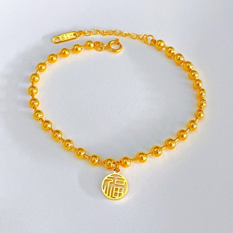 Gelang FU Beads Wanita - Gelang Stainless Steel Emas Vintage Anti Kusam, Aksesoris Pembawa Keberuntungan - 我的商店