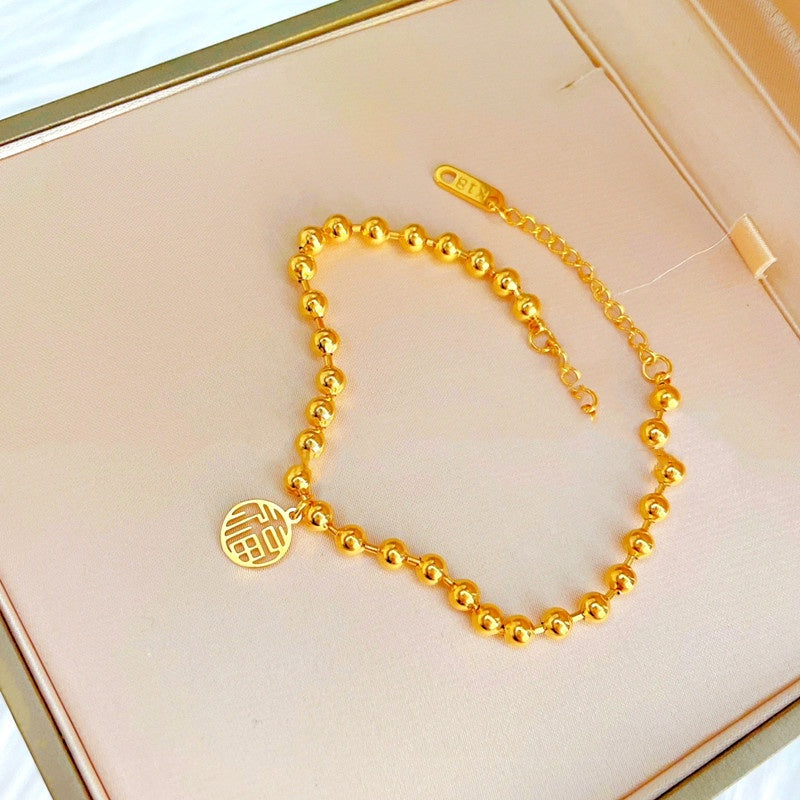 Gelang FU Beads Wanita - Gelang Stainless Steel Emas Vintage Anti Kusam, Aksesoris Pembawa Keberuntungan - 我的商店