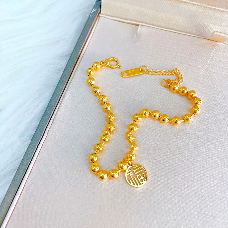 Gelang FU Beads Wanita - Gelang Stainless Steel Emas Vintage Anti Kusam, Aksesoris Pembawa Keberuntungan - 我的商店