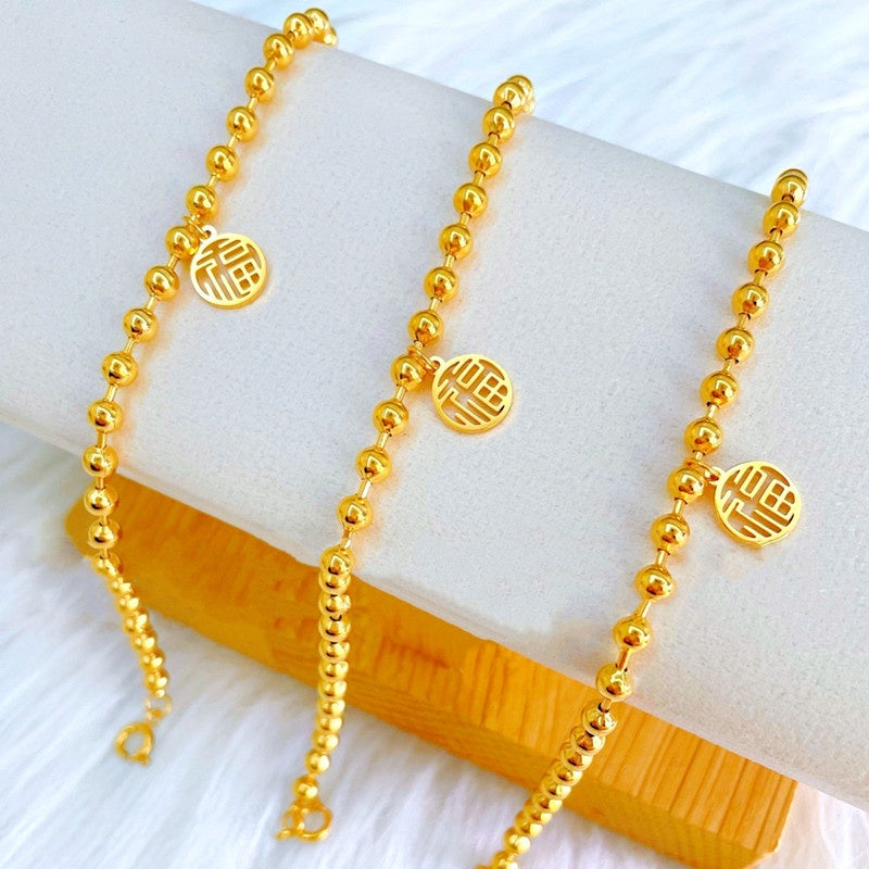 Gelang FU Beads Wanita - Gelang Stainless Steel Emas Vintage Anti Kusam, Aksesoris Pembawa Keberuntungan - 我的商店