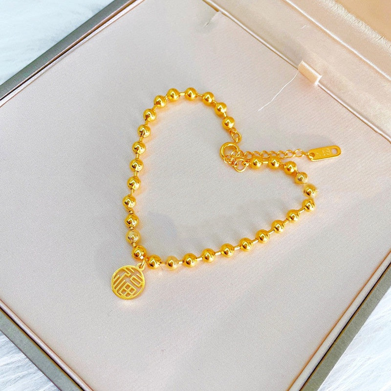 Gelang FU Beads Wanita - Gelang Stainless Steel Emas Vintage Anti Kusam, Aksesoris Pembawa Keberuntungan - 我的商店