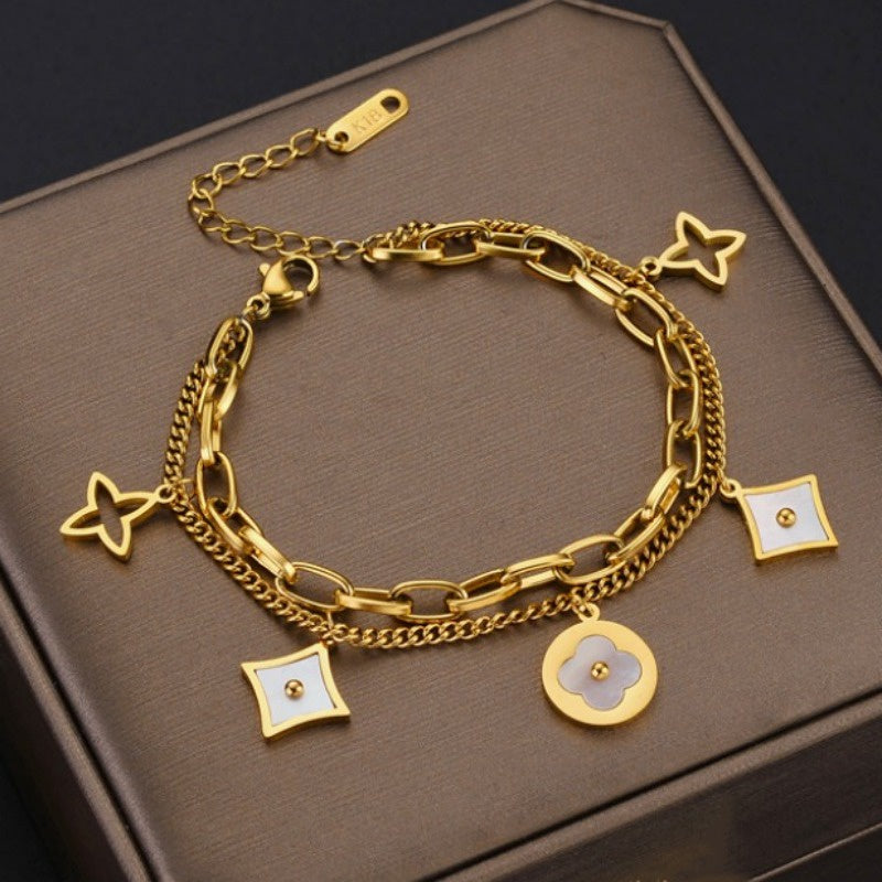 Gelang Clover Stainless Steel untuk Wanita – Anti Pudar, Warna Emas, Desain Elegan - 我的商店
