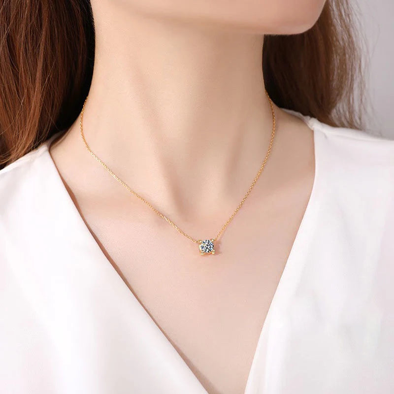 Kalung Berlian Solitaire Gaya Korea - Emas 18K Stainless Steel Anti Kusam, Aksesoris Wanita Mewah - 我的商店