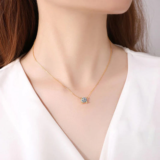 Kalung Berlian Solitaire Gaya Korea - Emas 18K Stainless Steel Anti Kusam, Aksesoris Wanita Mewah - 我的商店