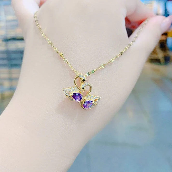 Kalung Angsa Kristal Ungu Gaya Korea - Emas 18K Stainless Steel Anti Kusam - 我的商店