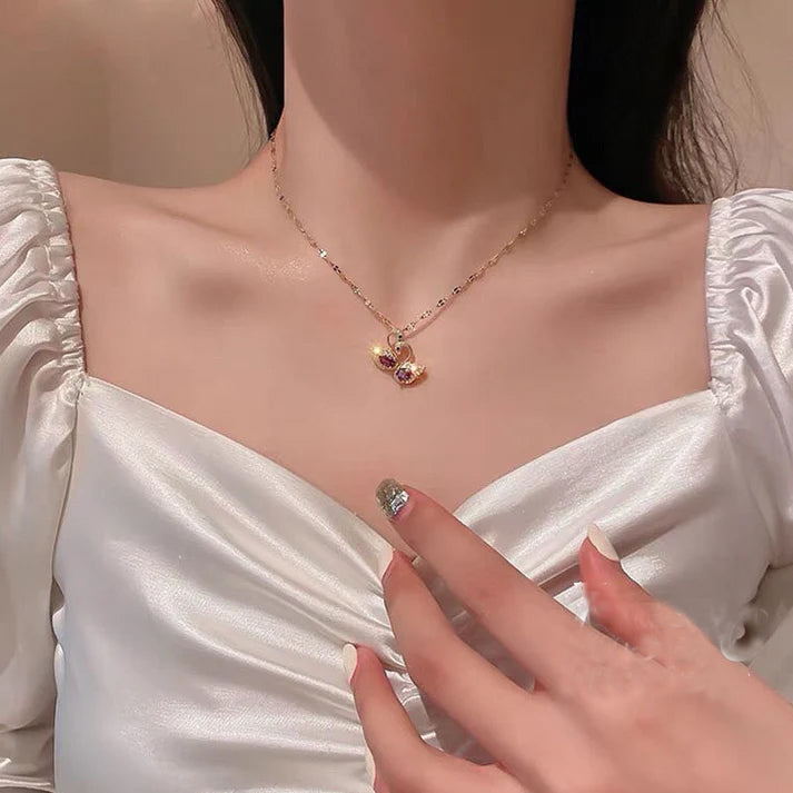 Kalung Angsa Kristal Ungu Gaya Korea - Emas 18K Stainless Steel Anti Kusam - 我的商店