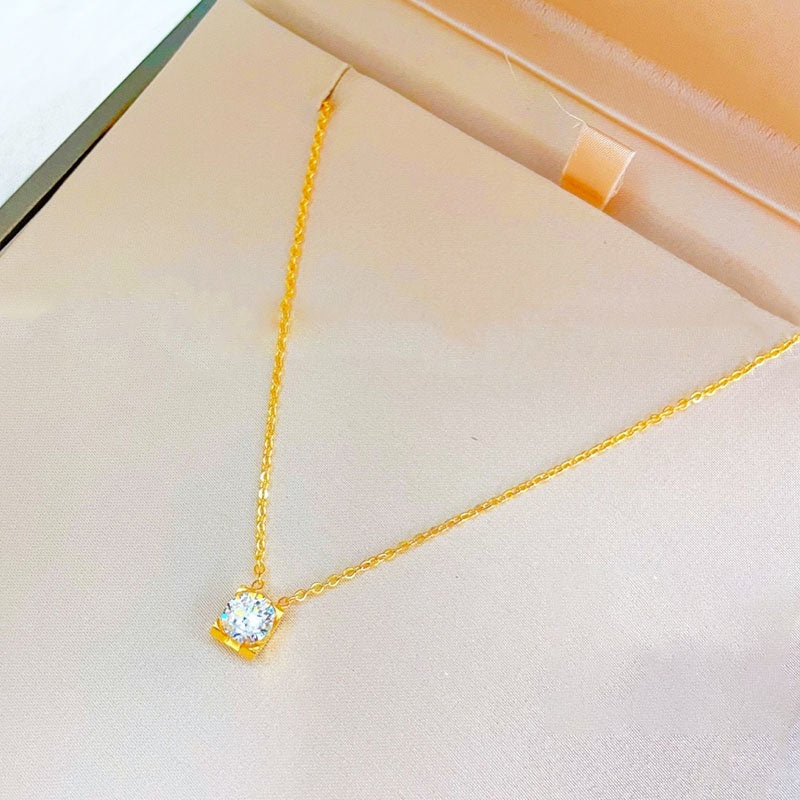 Kalung Berlian Solitaire Gaya Korea - Emas 18K Stainless Steel Anti Kusam, Aksesoris Wanita Mewah - 我的商店