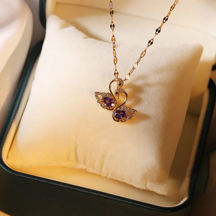 Kalung Angsa Kristal Ungu Gaya Korea - Emas 18K Stainless Steel Anti Kusam - 我的商店