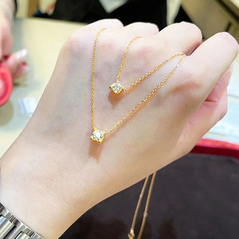 Kalung Berlian Solitaire Gaya Korea - Emas 18K Stainless Steel Anti Kusam, Aksesoris Wanita Mewah - 我的商店