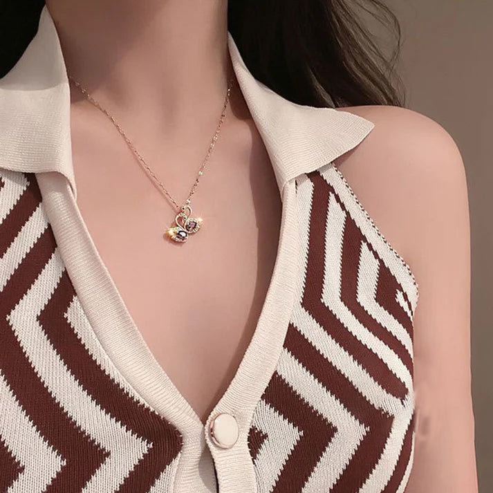 Kalung Angsa Kristal Ungu Gaya Korea - Emas 18K Stainless Steel Anti Kusam - 我的商店