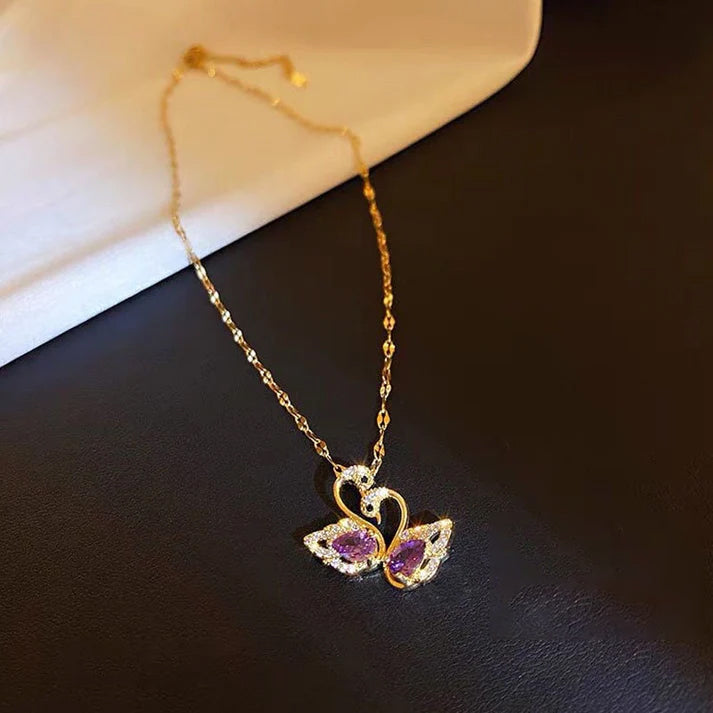 Kalung Angsa Kristal Ungu Gaya Korea - Emas 18K Stainless Steel Anti Kusam - 我的商店