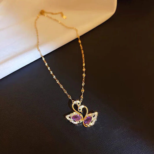 Kalung Angsa Kristal Ungu Gaya Korea - Emas 18K Stainless Steel Anti Kusam - 我的商店