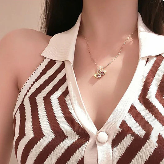 Kalung Angsa Kristal Ungu Gaya Korea - Emas 18K Stainless Steel Anti Kusam - 我的商店