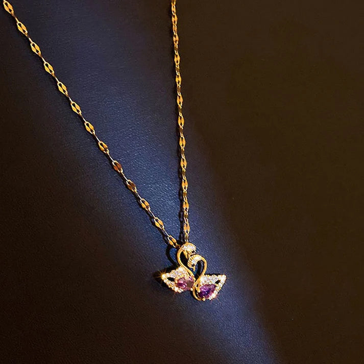 Kalung Angsa Kristal Ungu Gaya Korea - Emas 18K Stainless Steel Anti Kusam - 我的商店