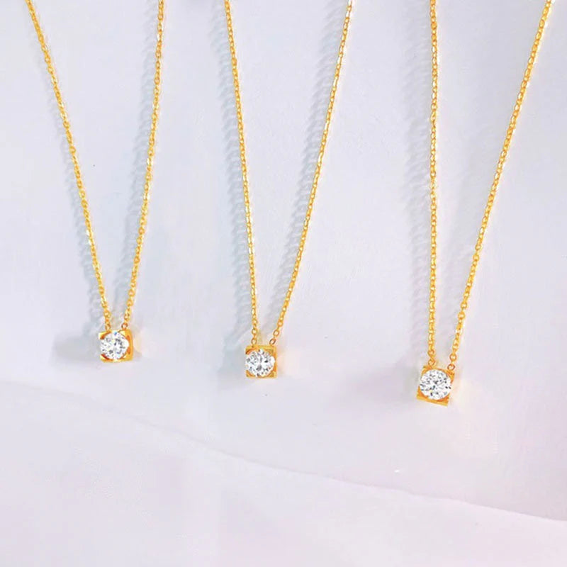Kalung Berlian Solitaire Gaya Korea - Emas 18K Stainless Steel Anti Kusam, Aksesoris Wanita Mewah - 我的商店
