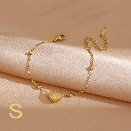 Gelang Wanita Titanium Steel Huruf & Hati Mutiara perhiasandirect
