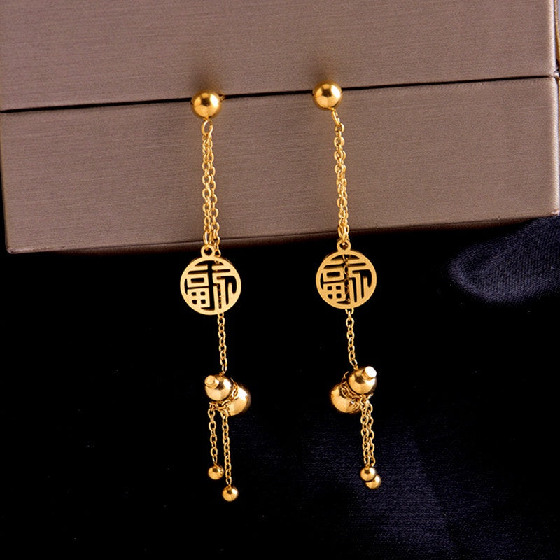 Anting Lucky Gourd FU untuk Wanita - Hikaw Emas Stainless Steel Hypoallergenic | Aksesoris Perhiasan Elegan - 我的商店