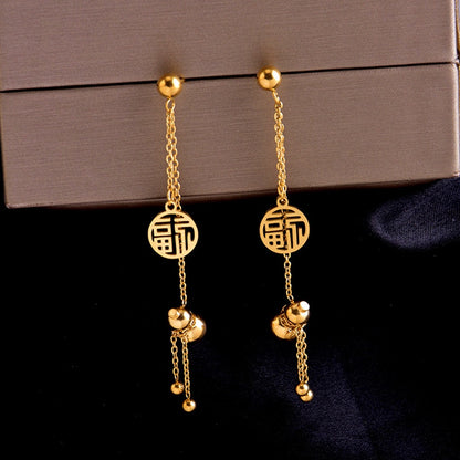 Anting Lucky Gourd FU untuk Wanita - Hikaw Emas Stainless Steel Hypoallergenic | Aksesoris Perhiasan Elegan - 我的商店