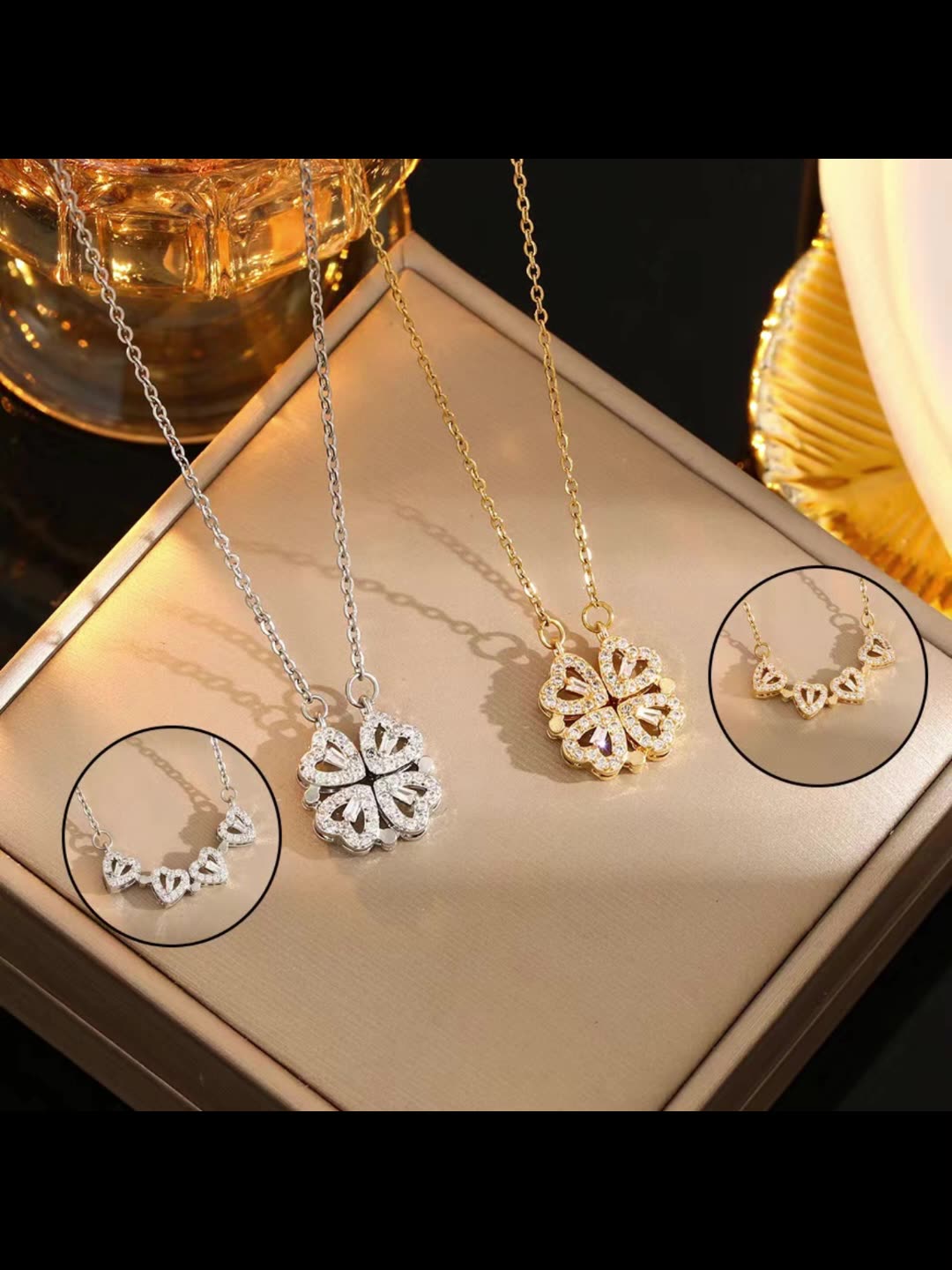 Kalung Wanita Desain Baru – Liontin Hati & Bunga  Four-leaf Clover Penuh Zircon, 2-in-1, Bahan Titanium Steel perhiasandirect