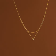 Kalung Double Layer Wanita – Single Zircon Elegan, Liontin Manik Emas, Stainless Steel Titanium Anti Luntur