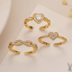 Cincin Terbuka Geometris Hati Berlapis Emas Asli – Perhiasan Tembaga Zirkon Gaya Minimalis & Elegan