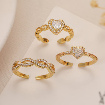 Cincin Terbuka Geometris Hati Berlapis Emas Asli – Perhiasan Tembaga Zirkon Gaya Minimalis & Elegan perhiasandirect