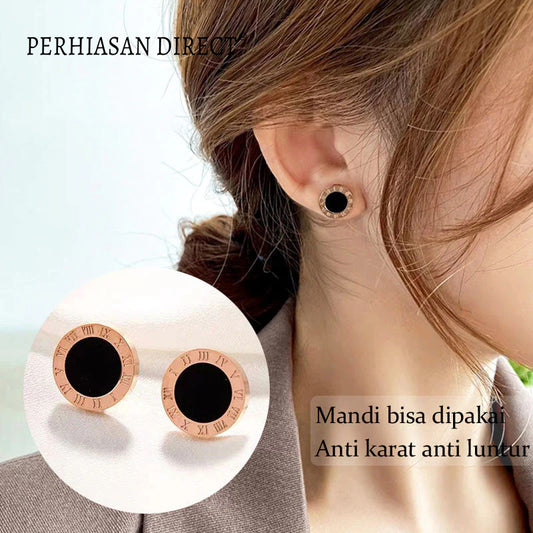 Anting Titanium Anti Karat Emas 18K Bulat Hitam Romawi Aesthetic Korea Aksesoris Wanita Perhiasan Earrings