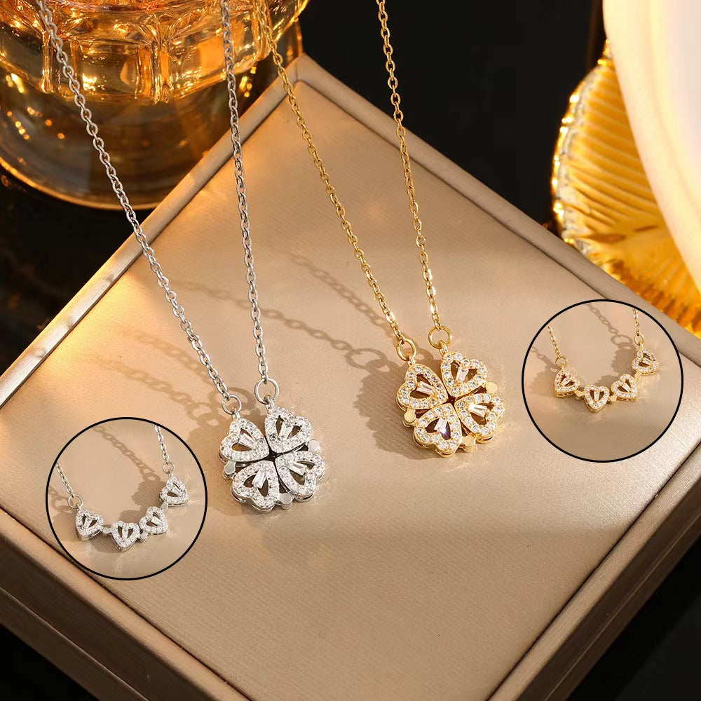 Kalung Wanita Desain Baru – Liontin Hati & Bunga  Four-leaf Clover Penuh Zircon, 2-in-1, Bahan Titanium Steel perhiasandirect