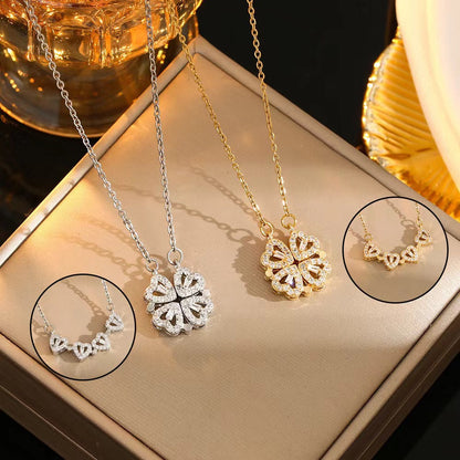 Kalung Wanita Desain Baru – Liontin Hati & Bunga  Four-leaf Clover Penuh Zircon, 2-in-1, Bahan Titanium Steel perhiasandirect