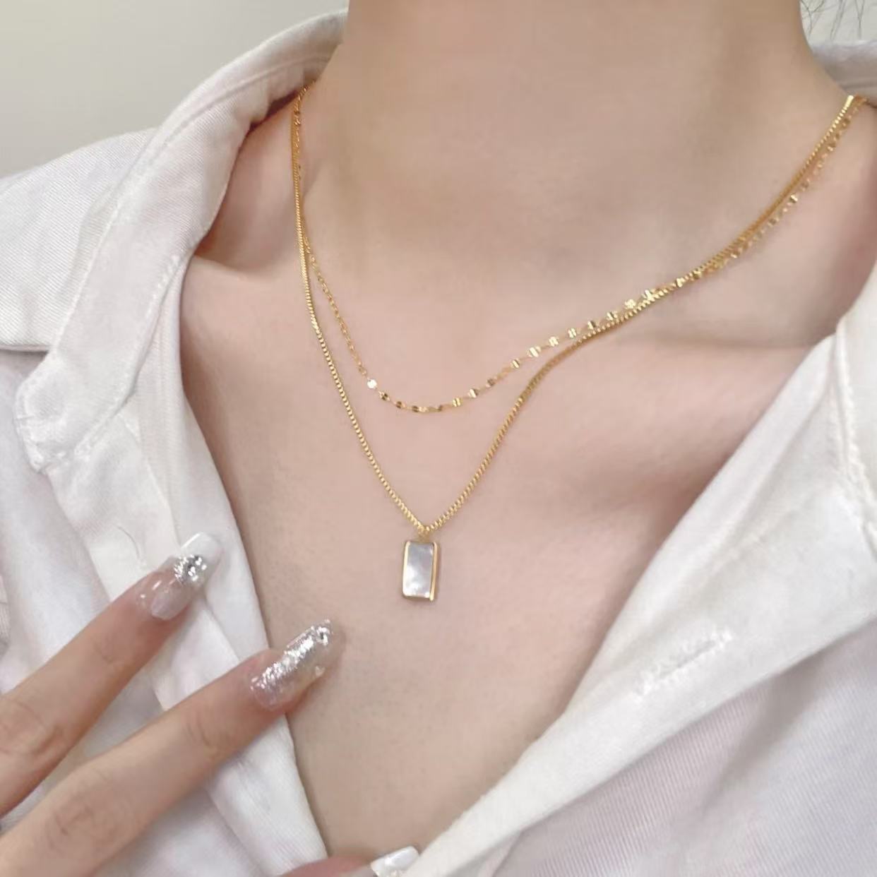 Kalung Wanita Geometris Batu Kerang Putih – Kalung Collarbone Double Layer Minimalis ala Instagram perhiasandirect