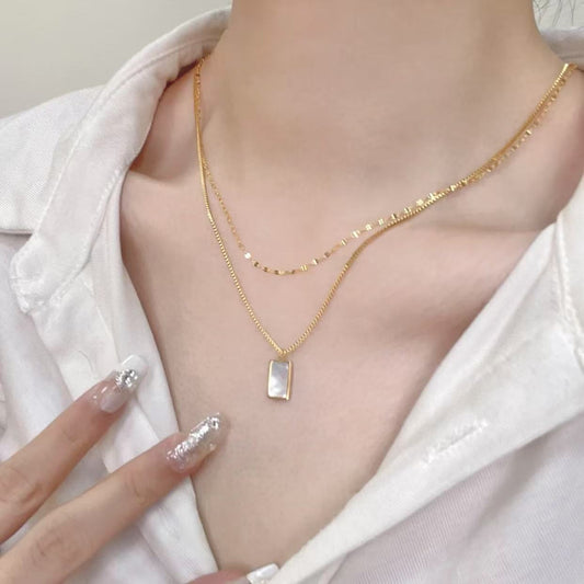 Kalung Wanita Geometris Batu Kerang Putih – Kalung Collarbone Double Layer Minimalis ala Instagram perhiasandirect