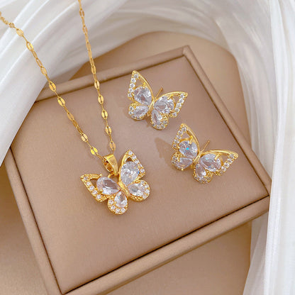 Anting & Kalung Kupu-Kupu Wanita Baja Titanium – Berlapis & Bertatahkan Zirkon, Grosir perhiasandirect