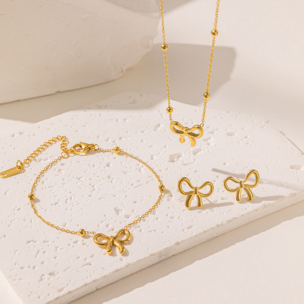 Kalung Set Wanita Baja Titanium Pita Mutiara Elegan perhiasandirect