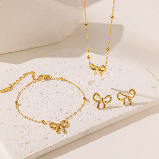 Kalung Set Wanita Baja Titanium Pita Mutiara Elegan perhiasandirect