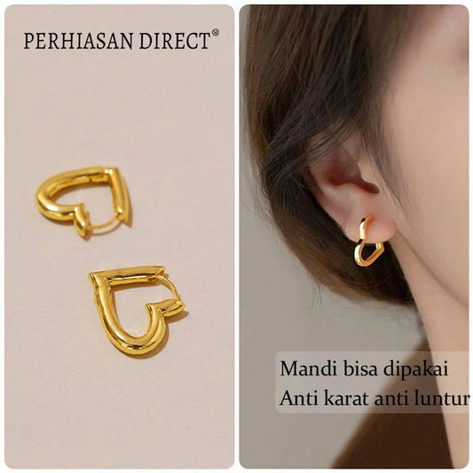 Anting Hoop Titanium Anti Karat Hati Emas 18K Korean Style Aesthetic Aksesoris Wanita Earrings