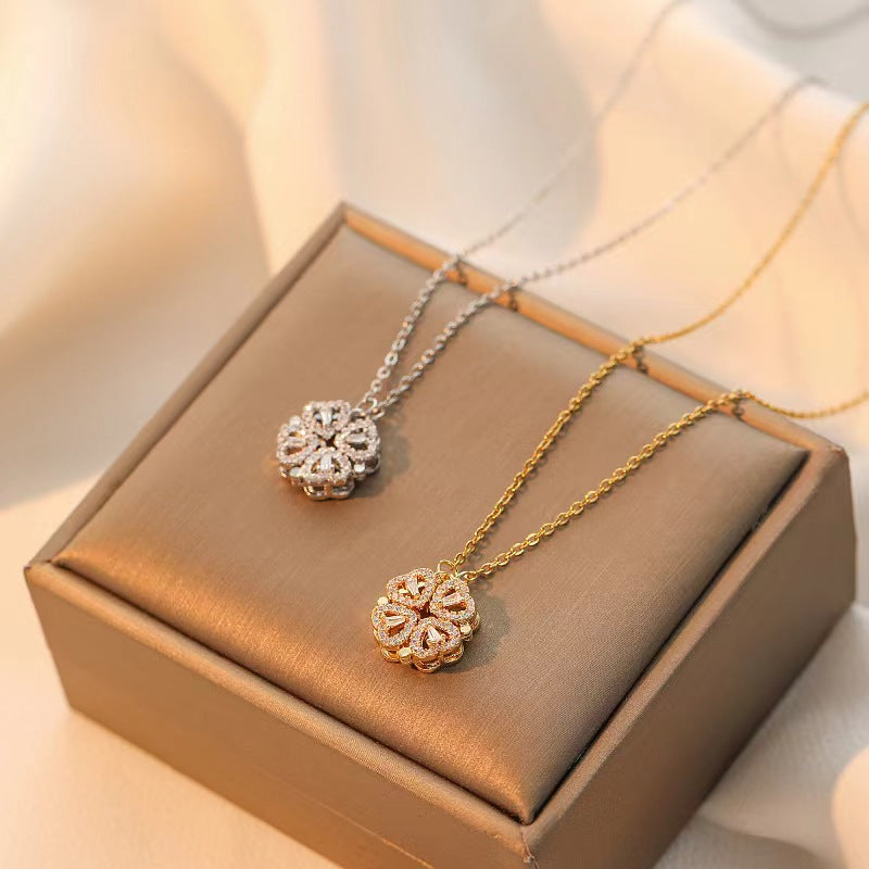Kalung Wanita Desain Baru – Liontin Hati & Bunga  Four-leaf Clover Penuh Zircon, 2-in-1, Bahan Titanium Steel perhiasandirect