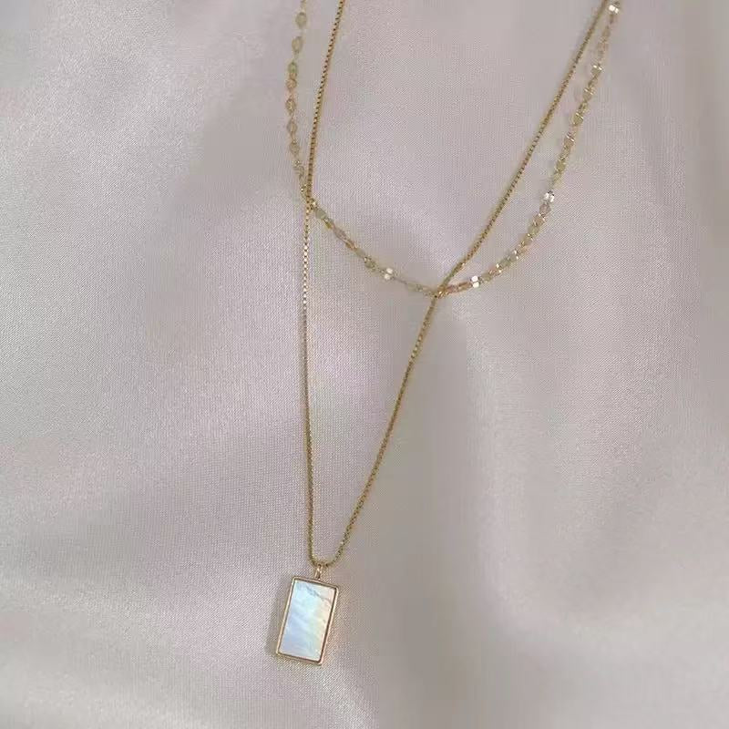 Kalung Wanita Geometris Batu Kerang Putih – Kalung Collarbone Double Layer Minimalis ala Instagram perhiasandirect