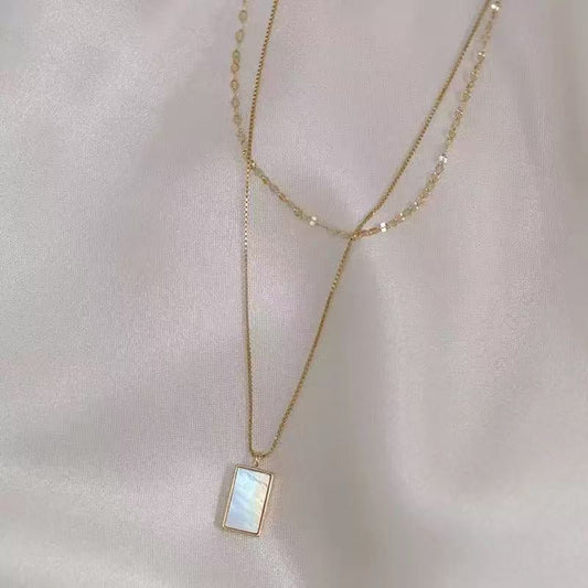 Kalung Wanita Geometris Batu Kerang Putih – Kalung Collarbone Double Layer Minimalis ala Instagram perhiasandirect