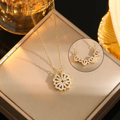 Kalung Wanita Desain Baru – Liontin Hati & Bunga  Four-leaf Clover Penuh Zircon, 2-in-1, Bahan Titanium Steel