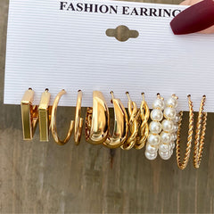 Set 6 Anting Wanita Elegan – Hoop Kotak, Mutiara & Hati Warna Emas & Perak
