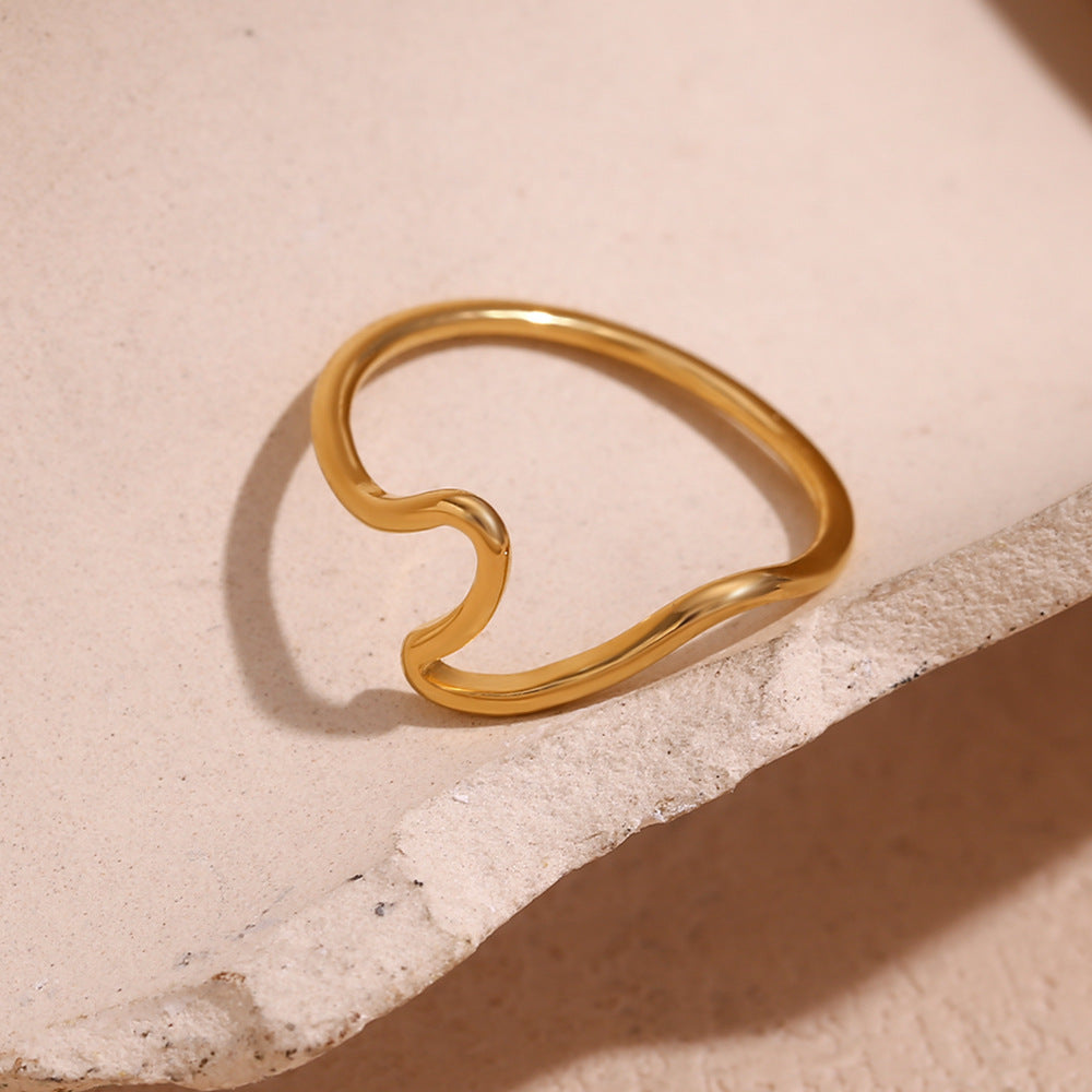 Cincin Gelombang Wanita Baja Titanium 18K Emas Elegan perhiasandirect