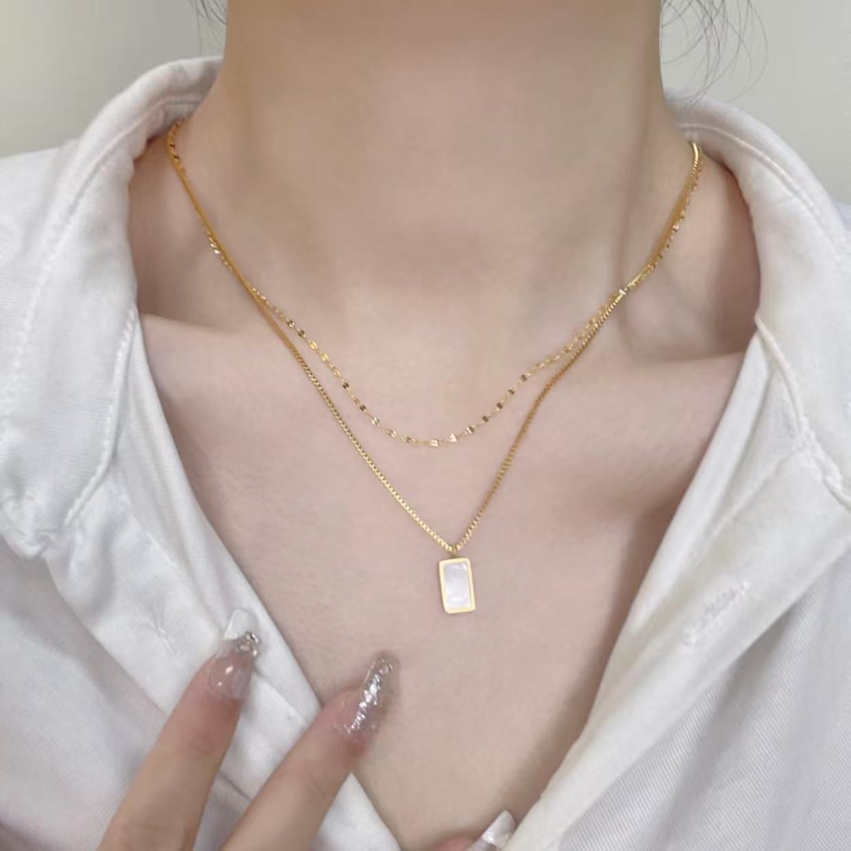 Kalung Wanita Geometris Batu Kerang Putih – Kalung Collarbone Double Layer Minimalis ala Instagram perhiasandirect