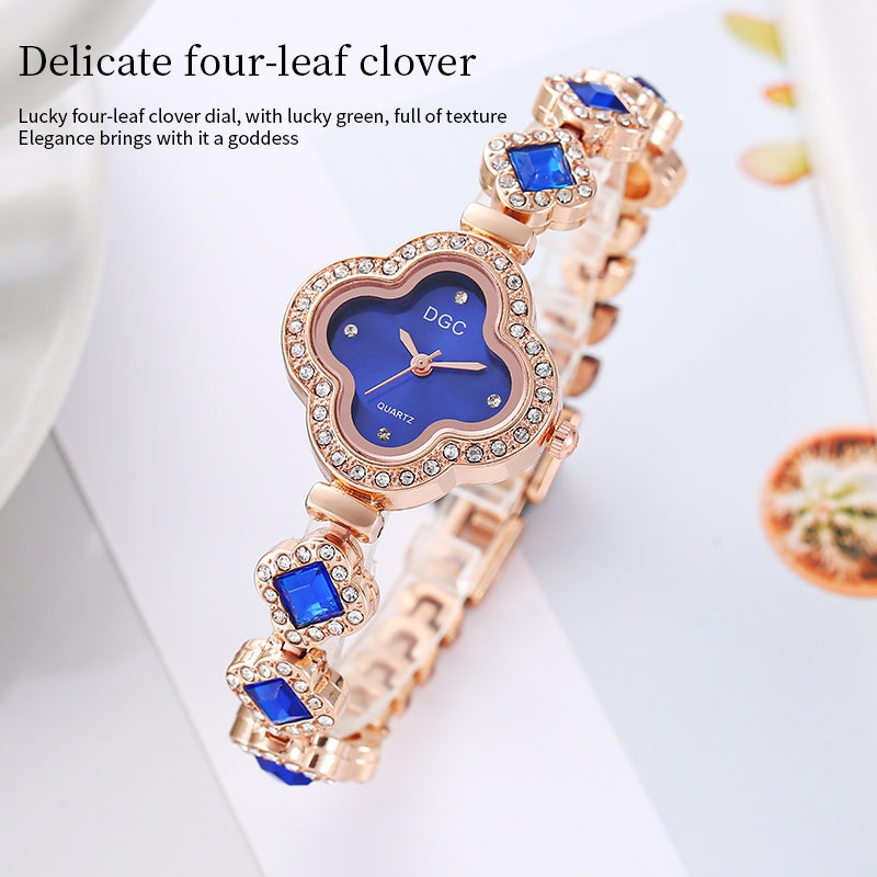 Jam Tangan Tali Rantai Wanita Clover Quartz Bunga Analog Model Keberuntungan Glamor Girly Modern Elegan Stylish - 我的商店
