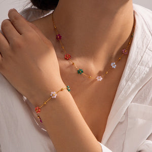 Set Perhiasan Wanita Bunga Stainless Steel – Gelang & Kalung Titanium Gaya Minimalis Ins Trend