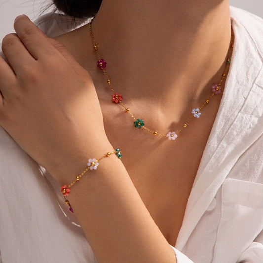 Set Perhiasan Wanita Bunga Stainless Steel – Gelang & Kalung Titanium Gaya Minimalis Ins Trend perhiasandirect